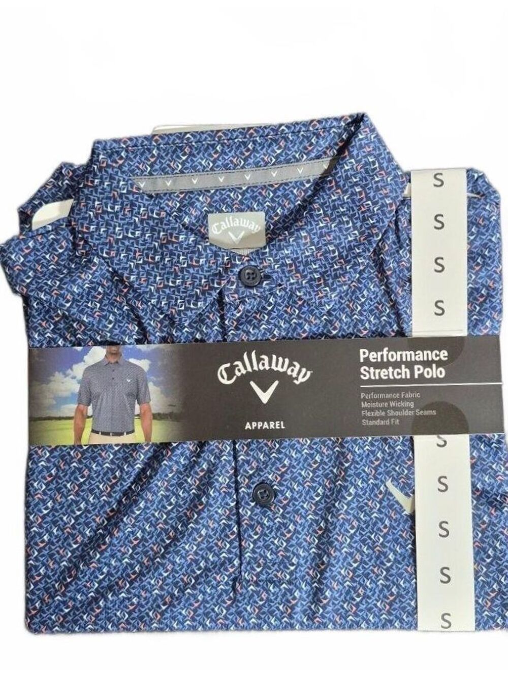 NWT Callaway Men’s Performance Stretch Golf Polo Small Blue Print